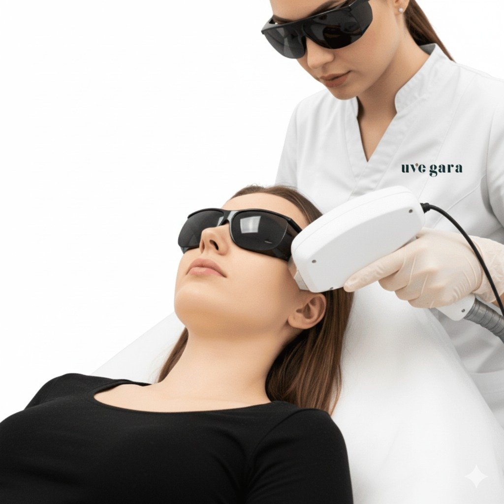 Depilación láser con Alejandrita en Clínica Uve Gara: profesional aplicando tratamiento seguro y confortable con protección ocular.