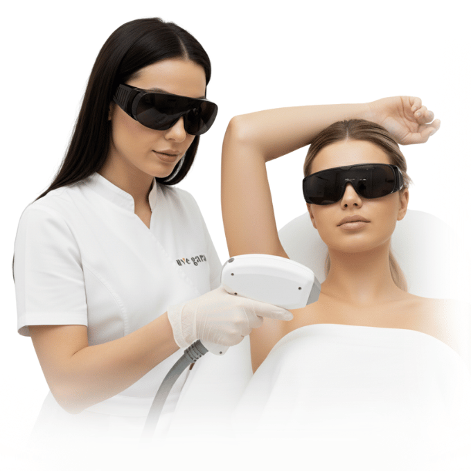 Depilación láser axilas Granada con Alejandrita en Clínica Uve Gara: profesional aplicando tratamiento seguro y cómodo con protección ocular.