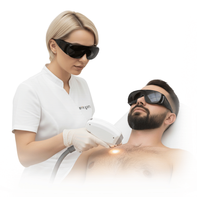 Depilación láser pecho Granada: tratamiento masculino con Alejandrita en Clínica Uve Gara, aplicación segura y cómoda con protección ocular.